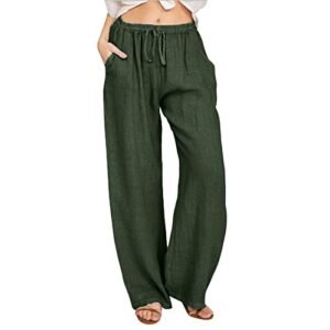 ‎womens Pants AG SHAOBGE Cotton Linen Pants for Women Summer Wide Leg Casual Loose Drawstring High Waist Palazzo Pants Trousers with Pockets X-Large
