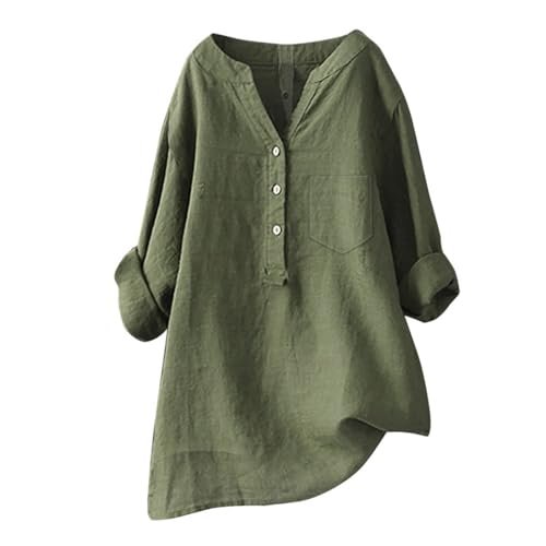 Womens Tops 3/4 Length Sleeves,Prime The Day 2024 Deals,Oversize Cotton Linen Shirts for Women 2024 Buttons V Neck Long Sleeve Tops Trendy Dressy Blouses Casual Loose Comfy Tunic Tops,Ag,Large AG womens Active
