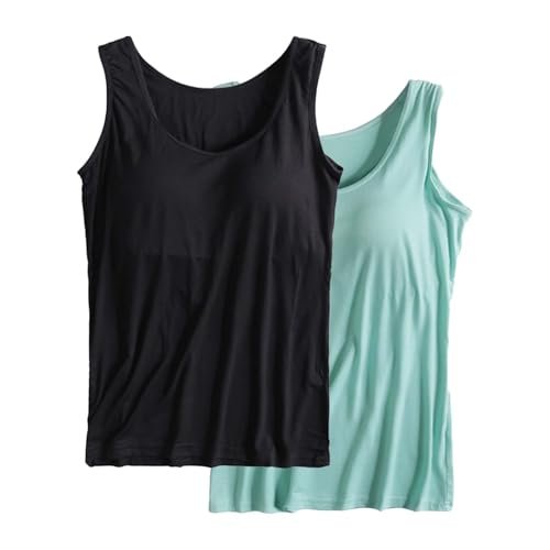 2 Pack Tank Tops for Women 2024 Cami Built in Bras Plus Size Shelf Bra Shirt Yoga Athleic Layering Undershirt Medium AG womens Active