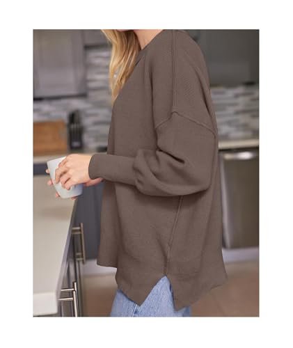 womens Sweaters AG SEMATOMALA Women's Crewneck Batwing Long Sleeve Sweaters Fall Oversized Ribbed Knit Side Slit Pullover Tops Brown