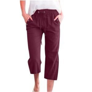 ‎womens Pants AG Capri Pants for Women Casual 2025 Summer Drawstring Elastic High Waist Linen Pant Straight Wide Leg Cropped Trouser X-Large