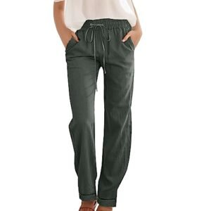 Womens Linen Cotton Pants Plus Size Casual Straight Leg Pants Drawstring Waist Cargo Pants Summer Comfy Work Trousers Ag-17 ‎womens Pants AG