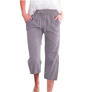 ‎womens Pants AG Capri Pants for Women Casual 2025 Summer Drawstring Elastic High Waist Linen Pant Straight Wide Leg Cropped Trouser 3X-Large