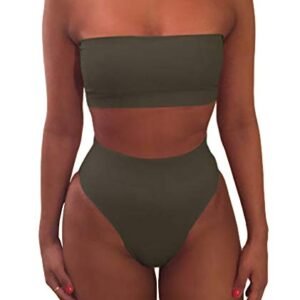 womens Swimsuits & Cover Ups AG xxxiticat Women's Bandeau Swimsuit Sleeveless Tube Top High Waist Shorts Two Piece Bikini Sets Push Up Wrap Beachwear Army Green