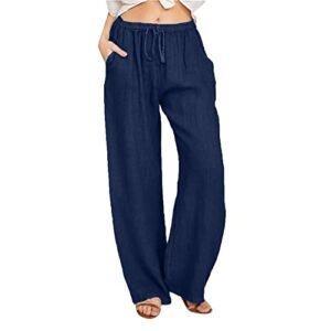 ‎womens Novelty AG SHAOBGE Cotton Linen Pants for Women Summer Wide Leg Casual Loose Drawstring High Waist Palazzo Pants Trousers with Pockets X-Large