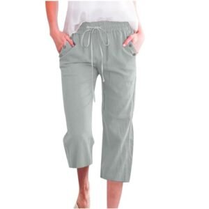 ‎womens Pants AG Capri Pants for Women Casual 2025 Summer Drawstring Elastic High Waist Linen Pant Straight Wide Leg Cropped Trouser X-Large