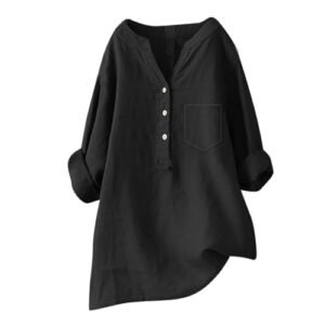 ‎womens Tops, Tees & Blouses AG Women Casual V Neck Stand Up Collar Button Cotton Shirts Long Sleeve Loose Fit Blouse Tunic Top with Pockets 3X-Large