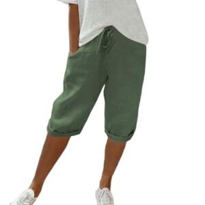 2024 Knee Length Shorts for Women Cotton Linen Bermuda Shorts Drawstring Elastic Waist Summer Casual Gym Shorts with Pockets Ag AG womens Active