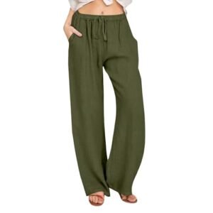 ‎womens Pants AG Cotton Linen Casual Pants for Women,Plus Size Elastic Waisted Drawsting Trousers Comfy Wide Leg Pants with Pocket Y2k Small