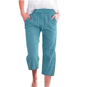 ‎womens Women AG Capri Pants for Women Casual 2025 Summer Drawstring Elastic High Waist Linen Pant Straight Wide Leg Cropped Trouser Small