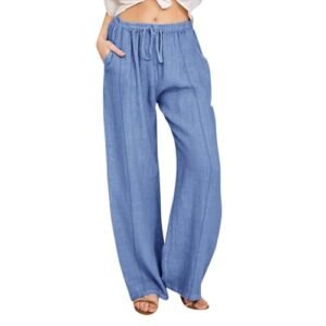 ‎womens Pants AG SHAOBGE Cotton Linen Pants for Women Summer Wide Leg Casual Loose Drawstring High Waist Palazzo Pants Trousers with Pockets Small