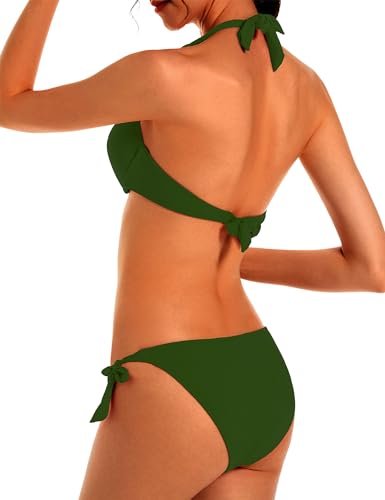 womens Swimsuits & Cover Ups AG Womens Push Up Bikini Set Removable Pad Bikini Top with Underwire Halter Swimwear Side Tie Swimsuit Bathing Suit Army Green