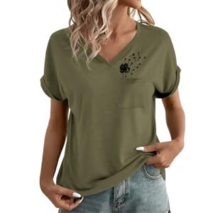 Womens T-Shirt Dandelion Flower Shirts Cute Graphic V Neck Summer Tees with Pocket Casual Short Sleeve Tops Army Green womens Tops, Tees & Blouses AG