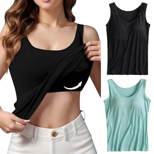 2 Pack Tank Tops for Women 2024 Cami Built in Bras Plus Size Shelf Bra Shirt Yoga Athleic Layering Undershirt Medium AG womens Active