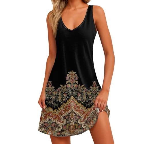 YUTANRAL Womens Summer Dresses 2024 Vacation Trendy Floral Boho Mini Dress Sleeveless Sundresses Casual Beach Cover Ups Ag-black womens Dresses AG