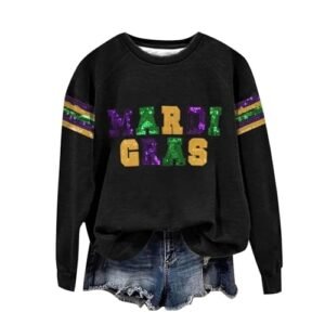 2025 Mardi Gras Shirts For Women Casual Long Sleeve Funny Mask Graphic Top Carnival Themed Party Pullover Sweatshirt Black #B ‎womens Fashion Hoodies & Sweatshirts AG