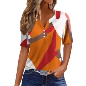 COTECRAM Summer Tops for Women 2024 Short Sleeve Button V Neck Tshirts Trendy Dressy Casual Blouses Loose Fit Graphic Tunics C Orange ‎womens T-Shirts AG