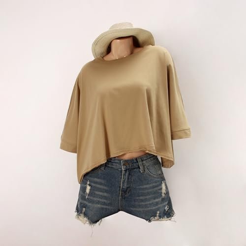 womens Tops, Tees & Blouses AG Oversized Crop Tops for Women Summer Bat Wing Sleeve Shirts Vintage Tshirts Basic Loose Tees X-Small