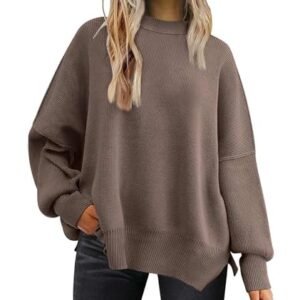 ‎womens Sweaters AG SEMATOMALA Women's Crewneck Batwing Long Sleeve Sweaters Fall Oversized Ribbed Knit Side Slit Pullover Tops Brown