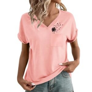 Womens T-Shirt Dandelion Flower Shirts Cute Graphic V Neck Summer Tees with Pocket Casual Short Sleeve Tops Pink womens Tops, Tees & Blouses AG