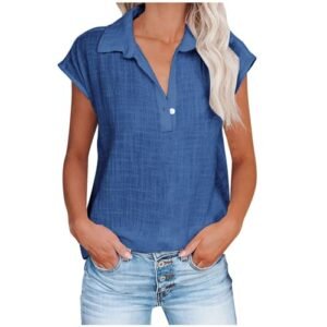 Linen Shirts for Women Summer Button Down Cap Sleeve Shirts Casual Loose Solid V Neck Tops Business Casual Blouses X-Large ‎womens Tennis Equipment AG