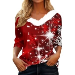 womens Sweaters AG YUTANRAL Christmas Shirts for Women 2024 Funny Xmas Graphic Long Sleeve Tops Fuzzy V Neck T Shirts Pullover Ac-wine