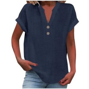 womens Tops, Tees & Blouses AG Womens Cotton Linen Shirts Summer Casual Loose Fit Comfy Business Blouses V Neck Button Down Short Sleeve Tops Navy-1