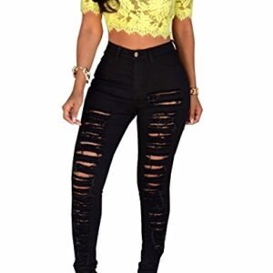 ‎womens Jeans AG Sexyshine Women's High Waisted Skinny Destroyed Ripped Hole Denim Pants Long Stretch Pencil Jeans B-black1