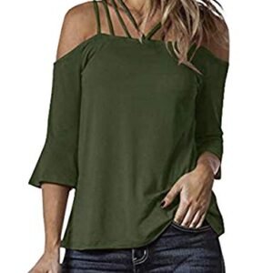 xxxiticat Women's Casual Cold Shoulder Basic Tees Hollow Out Slash Neck Flare Half Sleeve Off The Shoulder Blouse Shirt Top Army Green AG ‎womens Tops, Tees & Blouses