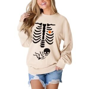 ‎womens Novelty AG Women X-Ray Skeleton Sweatshirt Halloween Maternity Sweatshirts Crewneck Pullover Pregnancy Announcement Shirts Tops Beige