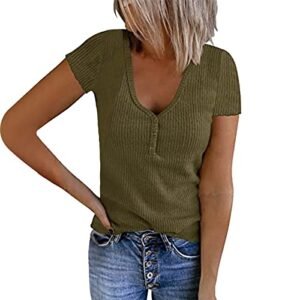 ‎womens Tops, Tees & Blouses AG Women Casual Solid Color Top Shirt V Neck Button Short Sleeve Knit Splice Shirt Fashion Casual Soft Blouse Yoga XX-Large