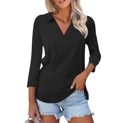 YUTANRAL Polo Shirts for Women 2024 Short Sleeve Summer Tops Button V Neck Business Casual Collared T Shirts Golf Shirts Tees Bd-black womens Tops, Tees & Blouses AG
