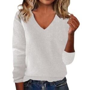 ‎womens Sweaters AG Cashmere Sweaters for Women 2025 Trendy Merino Wool V Neck Sweater Long Sleeve Pullover Tops Wool Knitted Sweaters Beige