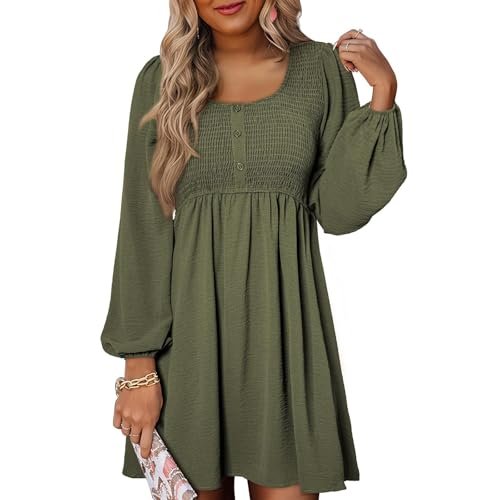 Womens Smocked Crewneck Button Up Long Sleeve Empire Waist A-Line Mini Dress 2025 Casual Swing Dresses XX-Large womens Dresses AG
