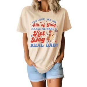 womens Tops, Tees & Blouses AG 4th of July Shirts for Women Funny Hot Dog T-Shirt Independence Day Tee Patriotic Short Sleeve Tops Beige
