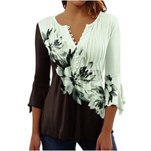 ‎womens Tops, Tees & Blouses AG Bohemian Tops for Women 2025 Trendy Sexy Elegant T-Shirts Boho Floral Print 3/4 Bell Sleeve v Neck Shirts Blouse Khaki-c