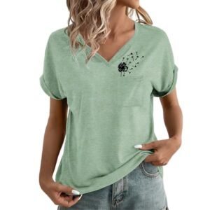Womens T-Shirt Dandelion Flower Shirts Cute Graphic V Neck Summer Tees with Pocket Casual Short Sleeve Tops Green womens Tops, Tees & Blouses AG