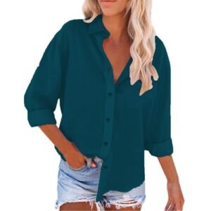 ‎womens Tops, Tees & Blouses AG Summer Cotton Linen Shirts for Women Trendy Casual Long Sleeve Button Oversized Tshirts Ladies Work Tops Dark Blue-2