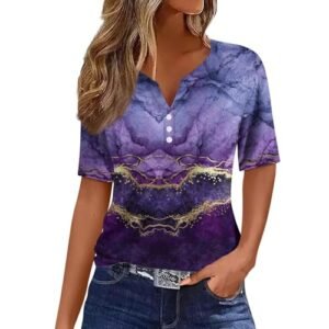 womens Tops, Tees & Blouses AG COTECRAM Summer Tops for Women 2024 Short Sleeve Button V Neck Tshirts Trendy Dressy Casual Blouses Loose Fit Graphic Tunics C Purple