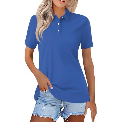 YUTANRAL Polo Shirts for Women 2024 Short Sleeve Summer Tops Button V Neck Business Casual Collared T Shirts Golf Shirts Tees Ad-blue womens Tops, Tees & Blouses AG