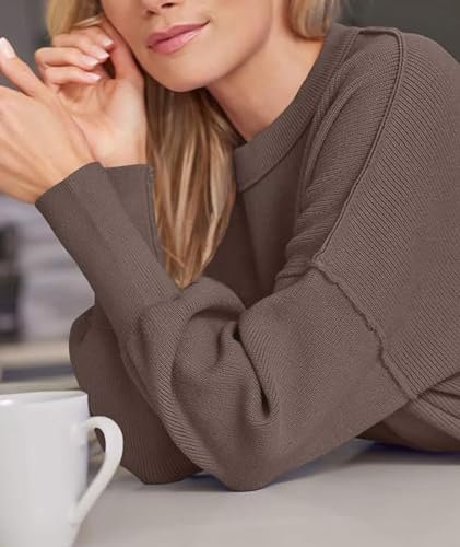 womens Sweaters AG SEMATOMALA Women's Crewneck Batwing Long Sleeve Sweaters Fall Oversized Ribbed Knit Side Slit Pullover Tops Brown