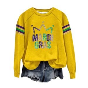 2025 Mardi Gras Shirts For Women Casual Long Sleeve Funny Mask Graphic Top Carnival Themed Party Pullover Sweatshirt Yellow #E AG ‎womens Fashion Hoodies & Sweatshirts