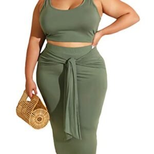 xxxiticat Women's Plus Size Tie Dye Print Two Piece Outfits Sleeveless Bodycon Floral 2PCs Tank Crop Top and Skirts Sets Solid-army AG ‎womens Suiting & Blazers