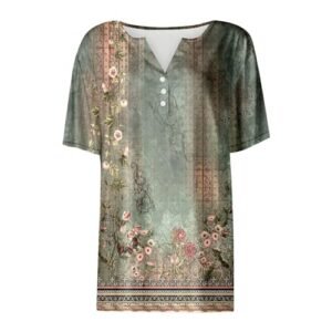 Womens Tops 2024 Trendy Summer Henley V Neck Buttons Shirts Short Sleeve Dressy Blouses Tunics Print T-Shirts 01-ag womens Tops, Tees & Blouses AG