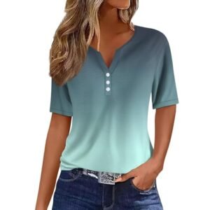 ‎womens Tops, Tees & Blouses AG COTECRAM Summer Tops for Women 2024 Short Sleeve Button V Neck Tshirts Trendy Dressy Casual Blouses Loose Fit Graphic Tunics A Cyan