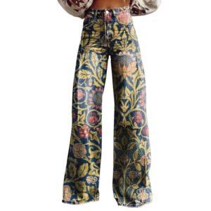 ‎womens Jeans AG VREWARE Women's Flare Jeans Wide Leg Baggy Pant High Waisted Straight Stretch Floral Print Denim Pants with Pockets Large