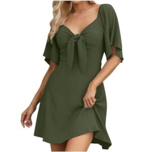 Womens Summer Dresses 2024 Elegant Short Sleeves V Neck A-Line Bow Tie Deep Ruffle Flowy Mini Dress Ag AG ‎womens Dresses