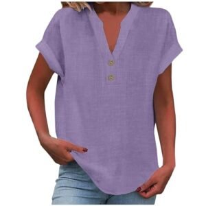 womens Tops, Tees & Blouses AG Womens Cotton Linen Shirts Summer Casual Loose Fit Comfy Business Blouses V Neck Button Down Short Sleeve Tops Purple-1