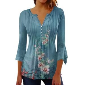 ‎womens Novelty AG Bohemian Tops for Women 2025 Trendy Sexy Elegant T-Shirts Boho Floral Print 3/4 Bell Sleeve v Neck Shirts Blouse Light Blue