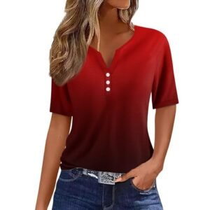 womens Tops, Tees & Blouses AG COTECRAM Summer Tops for Women 2024 Short Sleeve Button V Neck Tshirts Trendy Dressy Casual Blouses Loose Fit Graphic Tunics A Wine